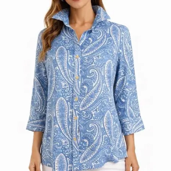 Talbots Tops - Talbots 8 petite paisley Button Down Blue Shirt Top blouse work wear white